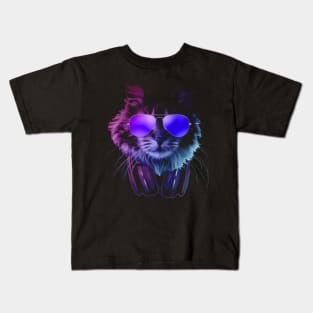 Furry DJ Cat In Neon Kids T-Shirt